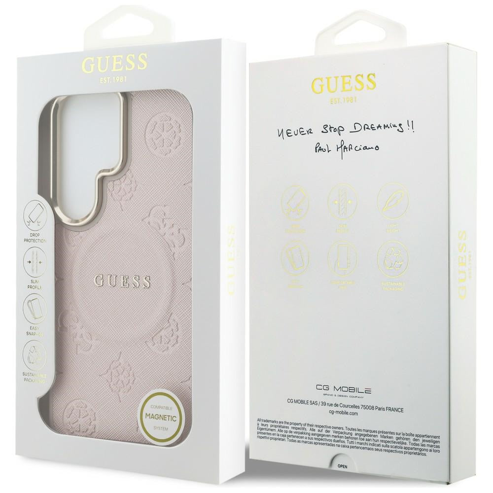 Custodia MagSafe per Samsung Galaxy S26 Ultra S948, Guess, Anello in rilievo Saffiano Peony, Rosa