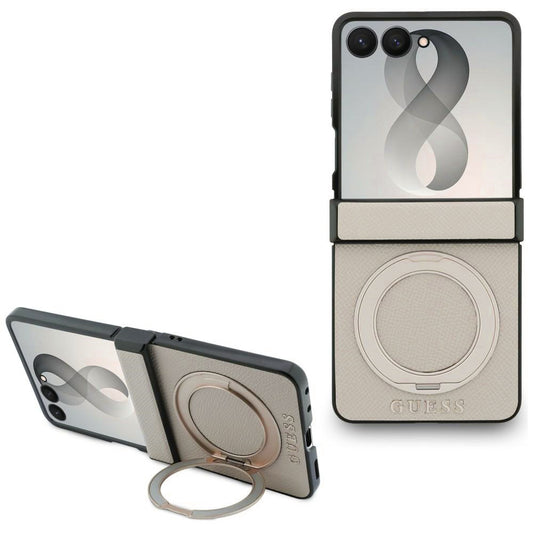 Custodia MagSafe per Samsung Galaxy Z Flip8 F776, Guess, Ring Stand Grained Classic Logo, Beige