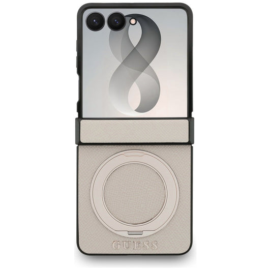 Custodia MagSafe per Samsung Galaxy Z Flip8 F776, Guess, Ring Stand Grained Classic Logo, Beige