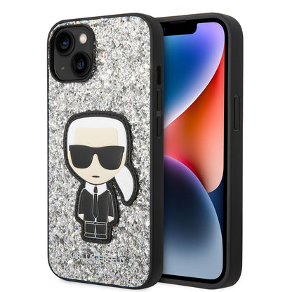 Custodia per Apple iPhone 14, Karl Lagerfeld, Glitter Flakes Ikonik Karl, Argento