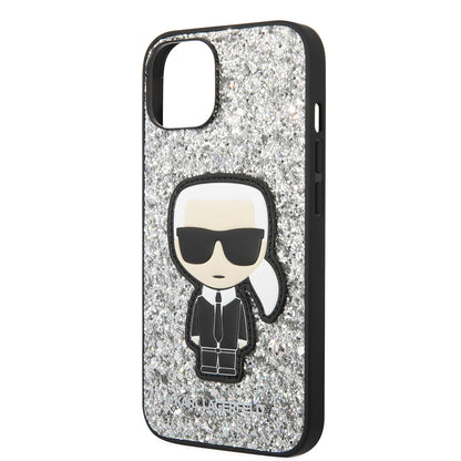 Custodia per Apple iPhone 14, Karl Lagerfeld, Glitter Flakes Ikonik Karl, Argento