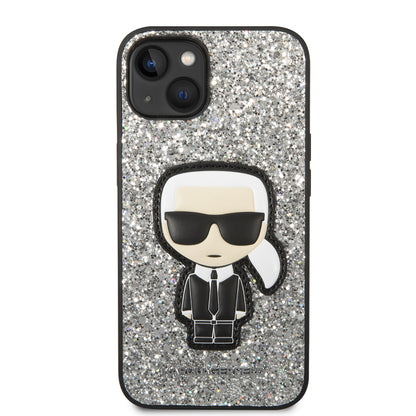 Custodia per Apple iPhone 14, Karl Lagerfeld, Glitter Flakes Ikonik Karl, Argento