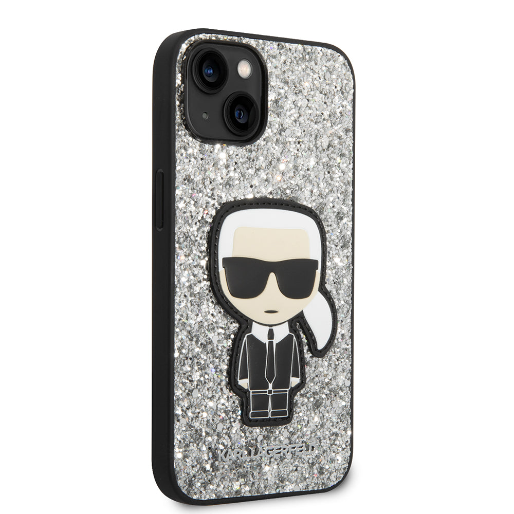 Custodia per Apple iPhone 14, Karl Lagerfeld, Glitter Flakes Ikonik Karl, Argento