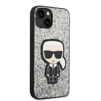Custodia per Apple iPhone 14, Karl Lagerfeld, Glitter Flakes Ikonik Karl, Argento