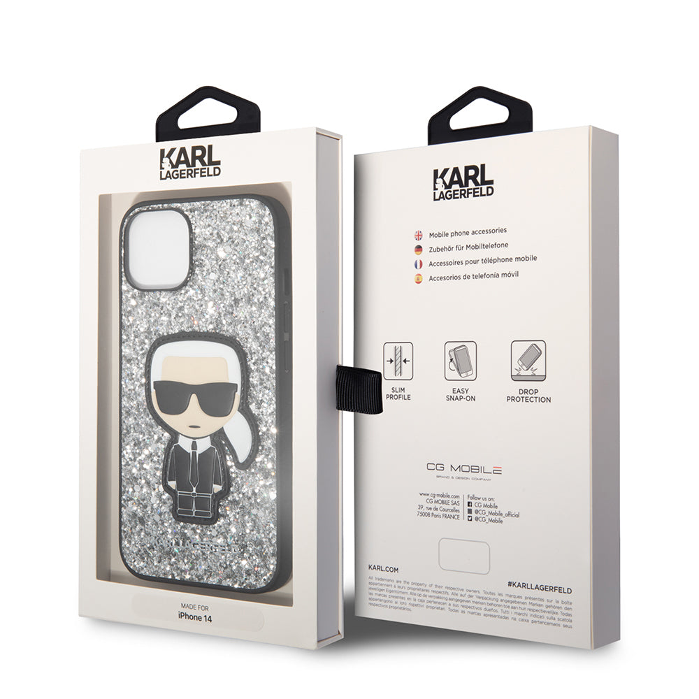 Custodia per Apple iPhone 14, Karl Lagerfeld, Glitter Flakes Ikonik Karl, Argento