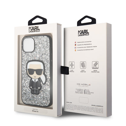Custodia per Apple iPhone 14, Karl Lagerfeld, Glitter Flakes Ikonik Karl, Argento