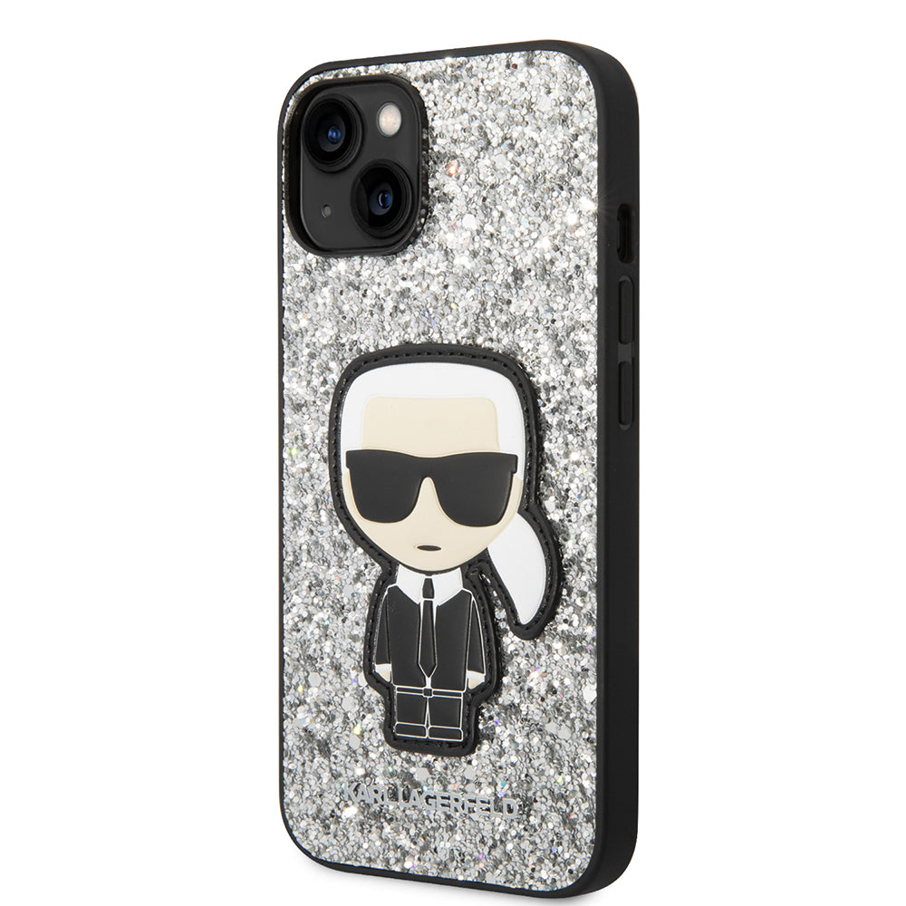 Custodia per Apple iPhone 14, Karl Lagerfeld, Glitter Flakes Ikonik Karl, Argento