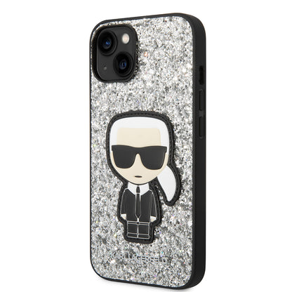 Custodia per Apple iPhone 14, Karl Lagerfeld, Glitter Flakes Ikonik Karl, Argento