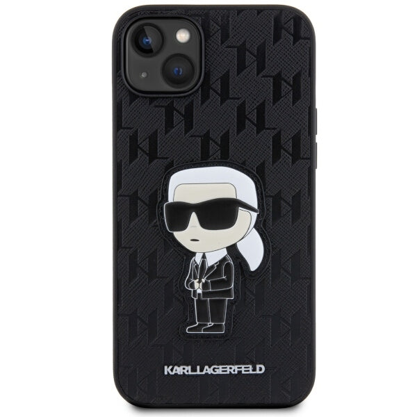 Custodia per Apple iPhone 14 Plus, Karl Lagerfeld, Saffiano Monogram Ikonik Karl, Nera