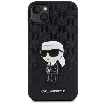 Custodia per Apple iPhone 14 Plus, Karl Lagerfeld, Saffiano Monogram Ikonik Karl, Nera