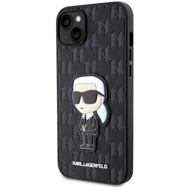 Custodia per Apple iPhone 14 Plus, Karl Lagerfeld, Saffiano Monogram Ikonik Karl, Nera