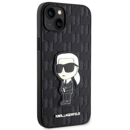 Custodia per Apple iPhone 14 Plus, Karl Lagerfeld, Saffiano Monogram Ikonik Karl, Nera