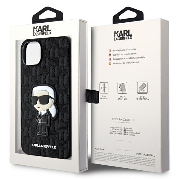 Custodia per Apple iPhone 14 Plus, Karl Lagerfeld, Saffiano Monogram Ikonik Karl, Nera