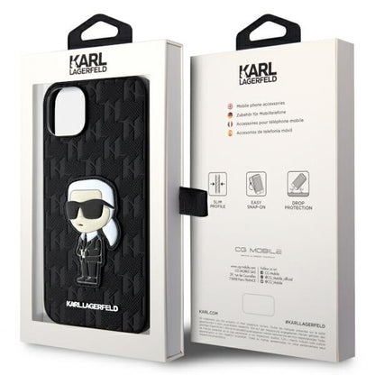 Custodia per Apple iPhone 14 Plus, Karl Lagerfeld, Saffiano Monogram Ikonik Karl, Nera
