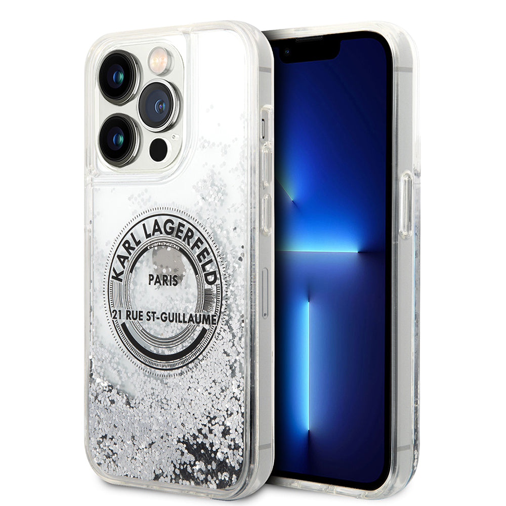 Custodia per Apple iPhone 14 Pro, Karl Lagerfeld, Liquid Glitter RSG, Argento