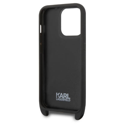 Custodia per Apple iPhone 14 Pro, Karl Lagerfeld, Monogram Plaque Logo con Cinturino, Nera