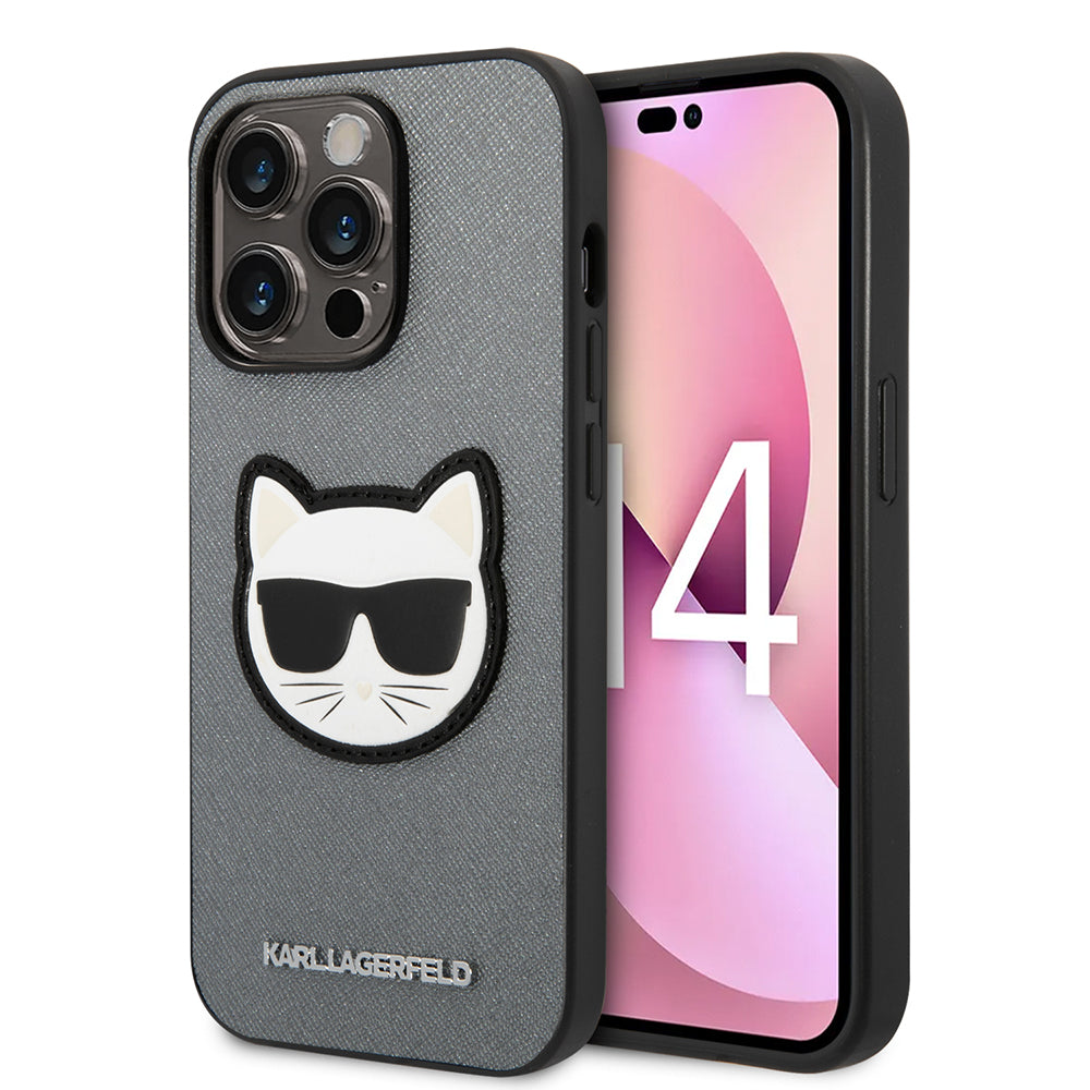 Custodia per Apple iPhone 14 Pro, Karl Lagerfeld, Saffiano Choupette's Head, Argento