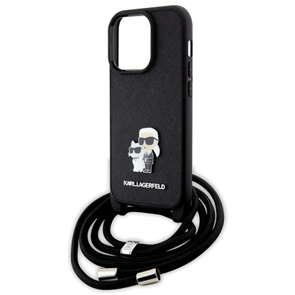 Custodia per Apple iPhone 14 Pro, Karl Lagerfeld, Saffiano Crossbody Metal Pin Karl & Choupette, Nera