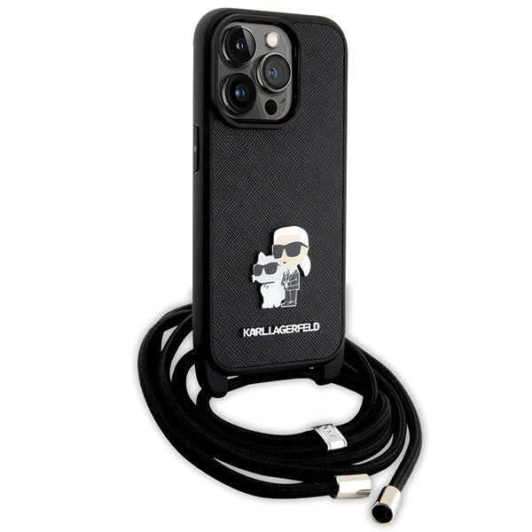Custodia per Apple iPhone 14 Pro, Karl Lagerfeld, Saffiano Crossbody Metal Pin Karl & Choupette, Nera