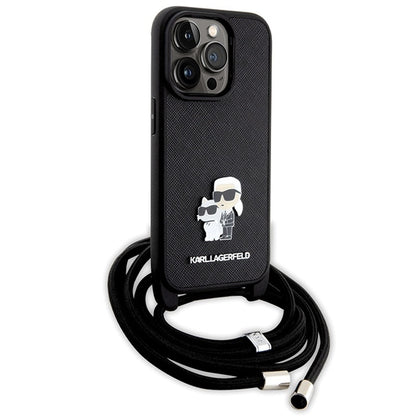 Custodia per Apple iPhone 14 Pro, Karl Lagerfeld, Saffiano Crossbody Metal Pin Karl & Choupette, Nera
