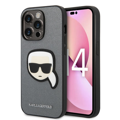 Custodia per Apple iPhone 14 Pro, Karl Lagerfeld, Saffiano Karl's Head, Argento