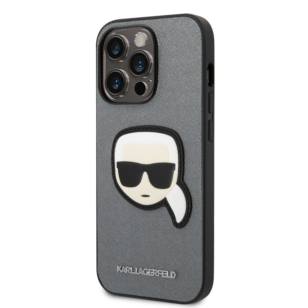 Custodia per Apple iPhone 14 Pro, Karl Lagerfeld, Saffiano Karl's Head, Argento