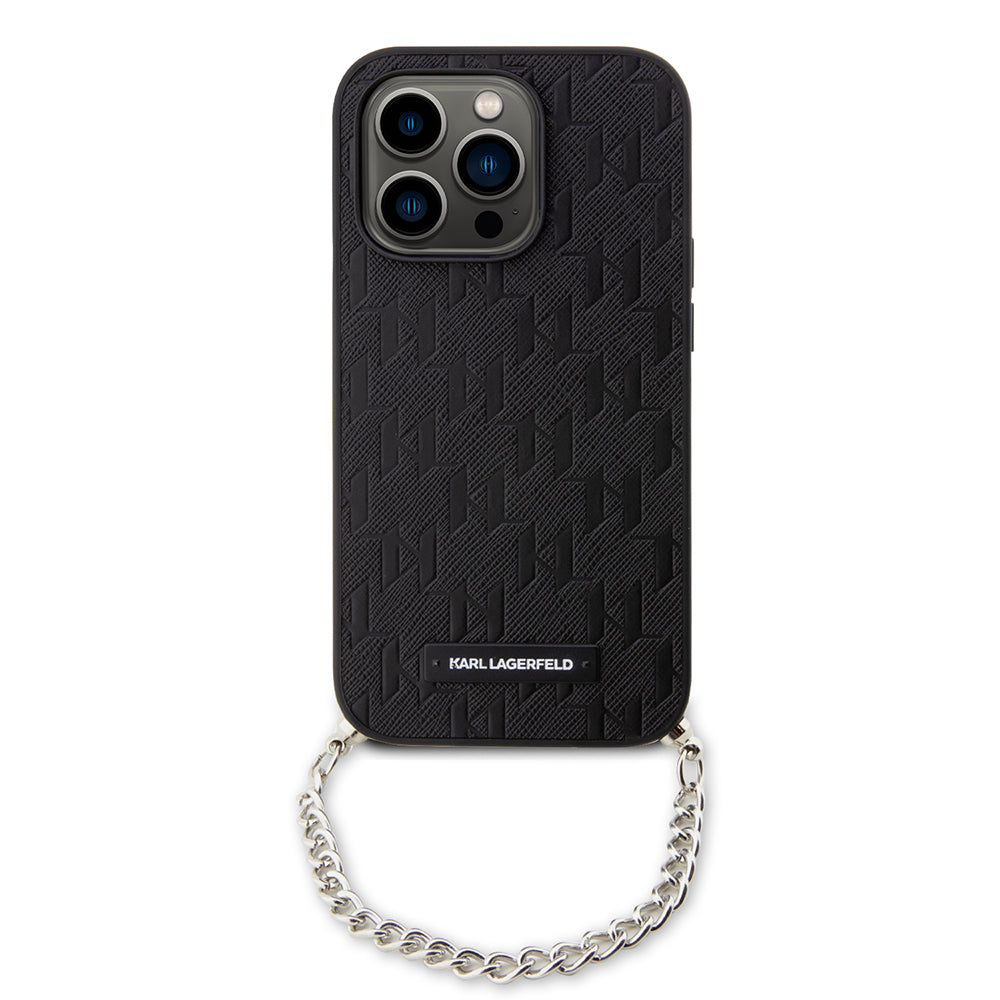 Custodia per Apple iPhone 14 Pro, Karl Lagerfeld, Saffiano Monogram Chain, Nera
