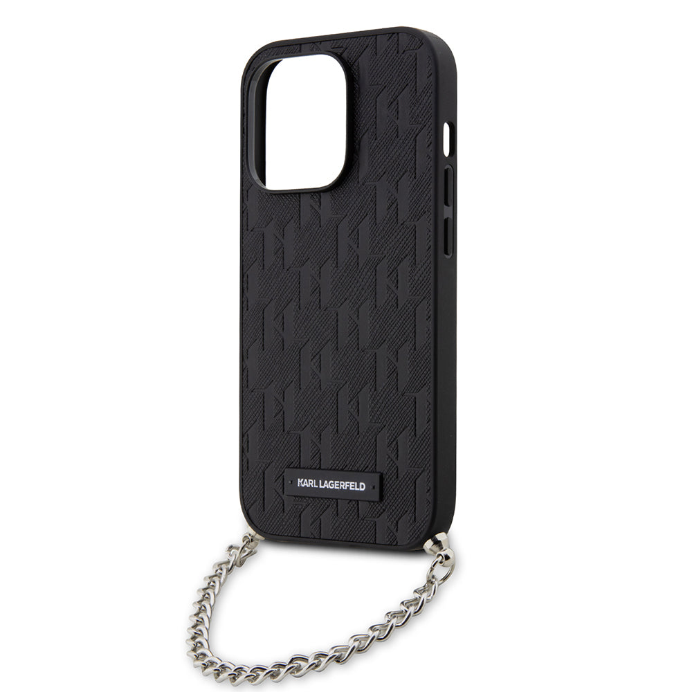 Custodia per Apple iPhone 14 Pro, Karl Lagerfeld, Saffiano Monogram Chain, Nera