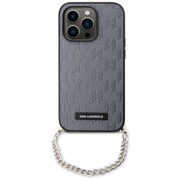 Custodia per Apple iPhone 14 Pro Max, Karl Lagerfeld, Saffiano Monogram Chain, Argento