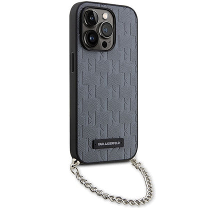 Custodia per Apple iPhone 14 Pro Max, Karl Lagerfeld, Saffiano Monogram Chain, Argento
