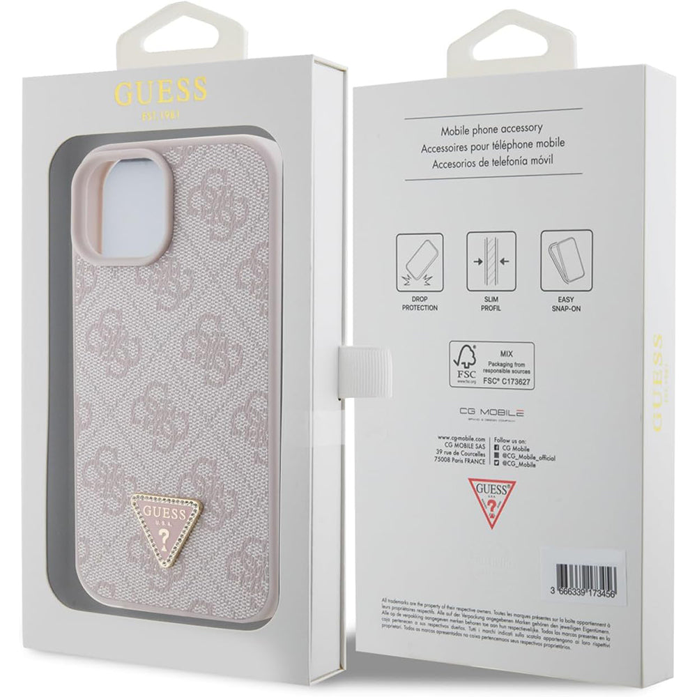 Custodia per Apple iPhone 15, Guess, 4G Triangle Strass, Rosa
