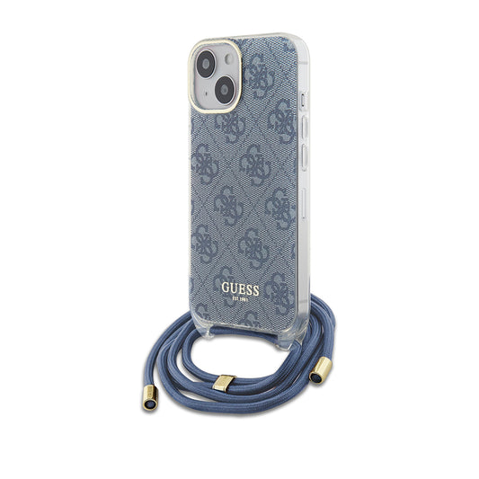 Custodia per Apple iPhone 15, Guess, Crossbody Cord 4G Print, Blu