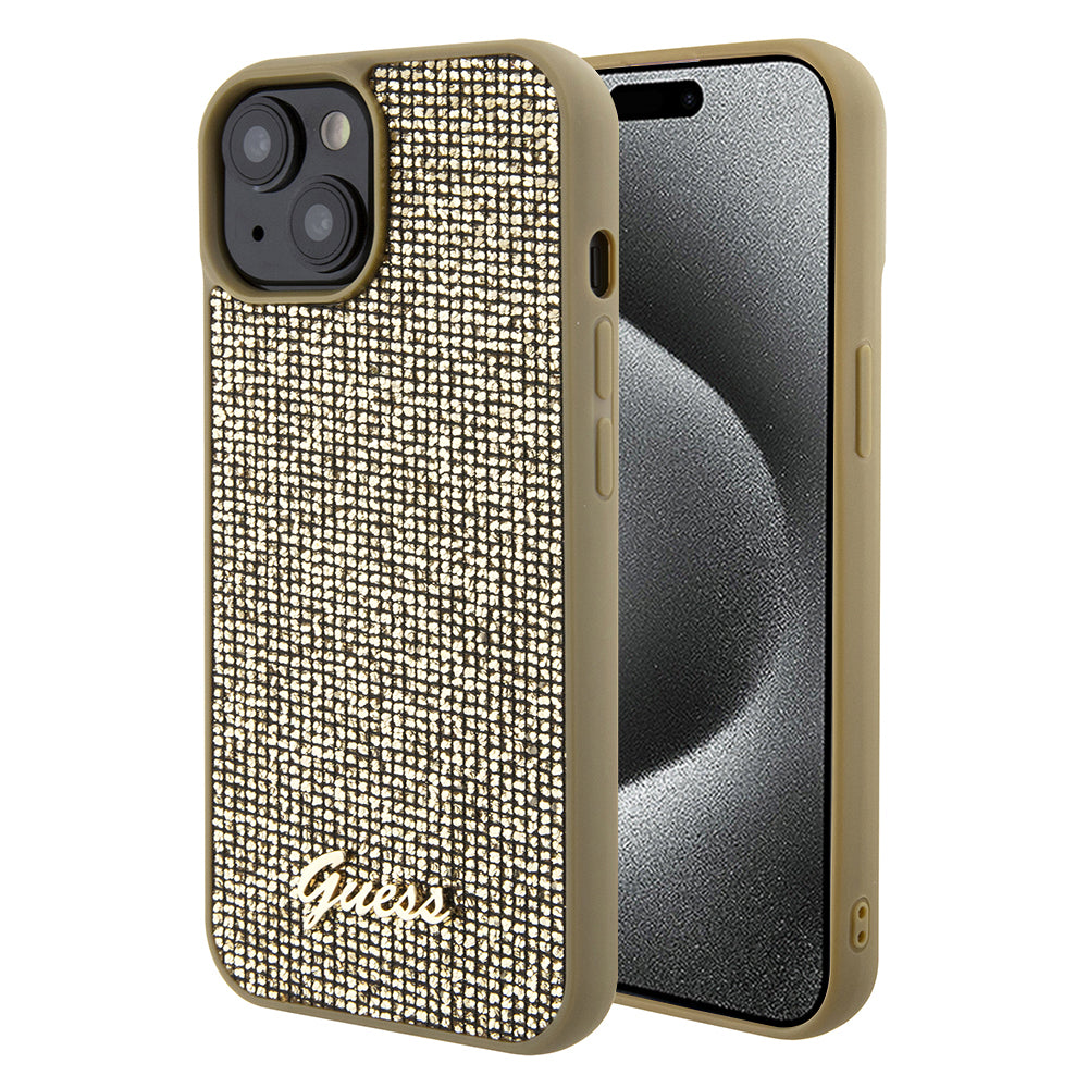 Custodia per Apple iPhone 15, Guess, Disco Metal Script, Dorata