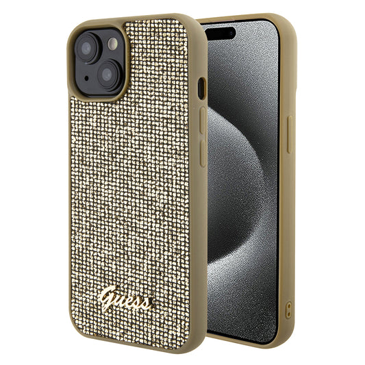Custodia per Apple iPhone 15, Guess, Disco Metal Script, Dorata