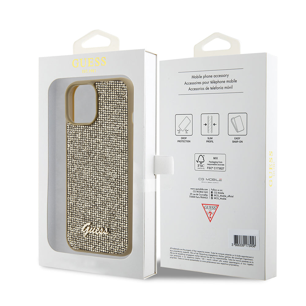 Custodia per Apple iPhone 15, Guess, Disco Metal Script, Dorata