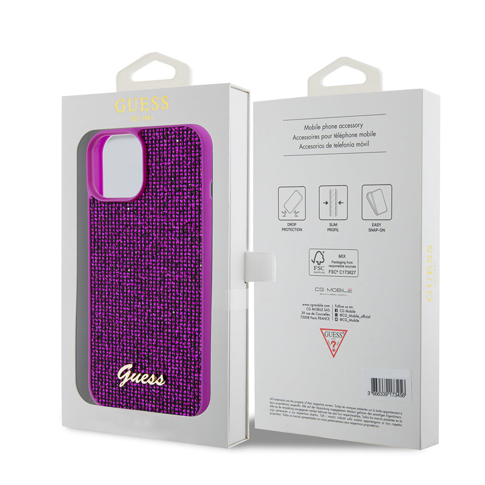Custodia per Apple iPhone 15, Guess, Disco Metal Script, Fucsia