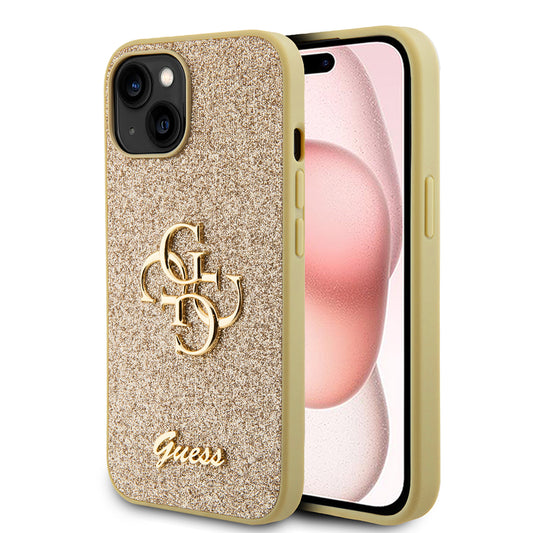 Custodia per Apple iPhone 15, Guess, Glitter Big 4G Script, Dorata
