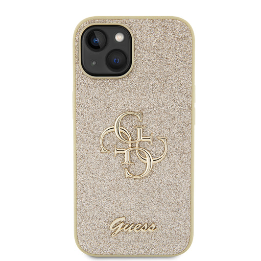 Custodia per Apple iPhone 15, Guess, Glitter Big 4G Script, Dorata