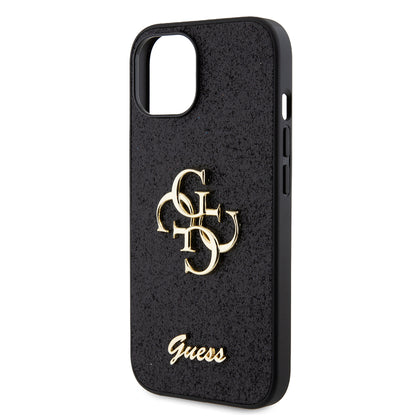 Custodia per Apple iPhone 15, Guess, Glitter Big 4G Script, Nera