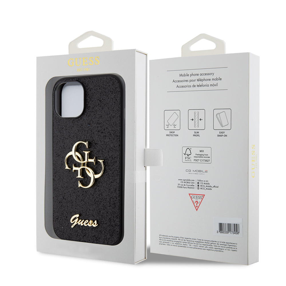 Custodia per Apple iPhone 15, Guess, Glitter Big 4G Script, Nera