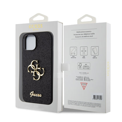 Custodia per Apple iPhone 15, Guess, Glitter Big 4G Script, Nera