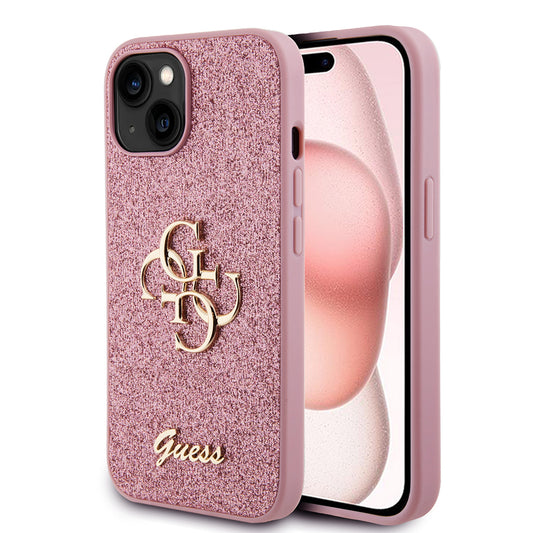 Custodia per Apple iPhone 15, Guess, Glitter Big 4G Script, Rosa