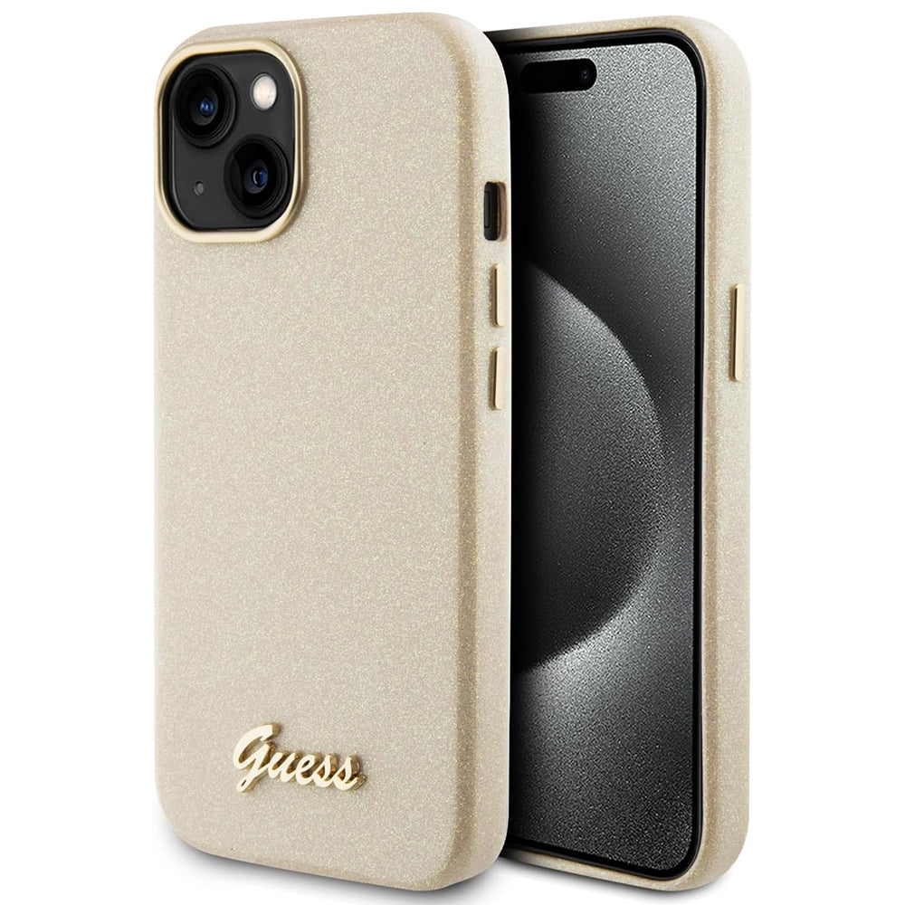 Custodia per Apple iPhone 15, Guess, Glitter Glossy Script, Beige