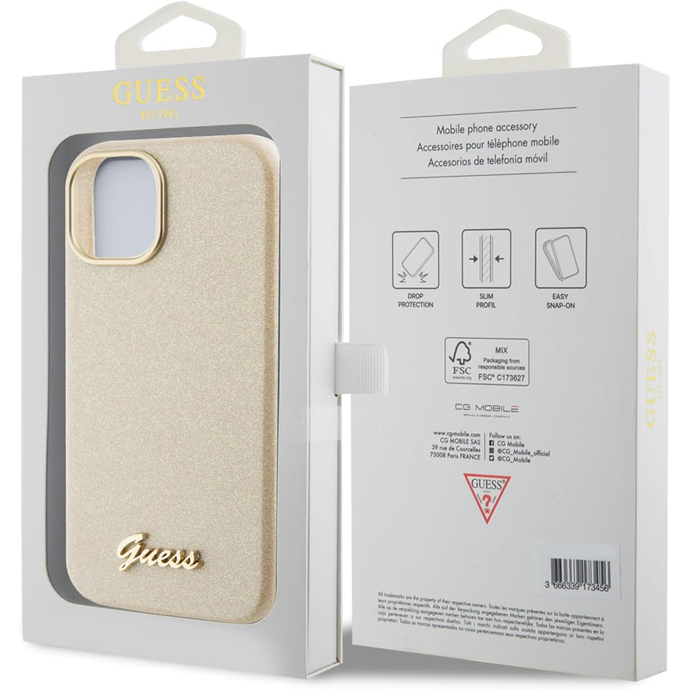 Custodia per Apple iPhone 15, Guess, Glitter Glossy Script, Beige