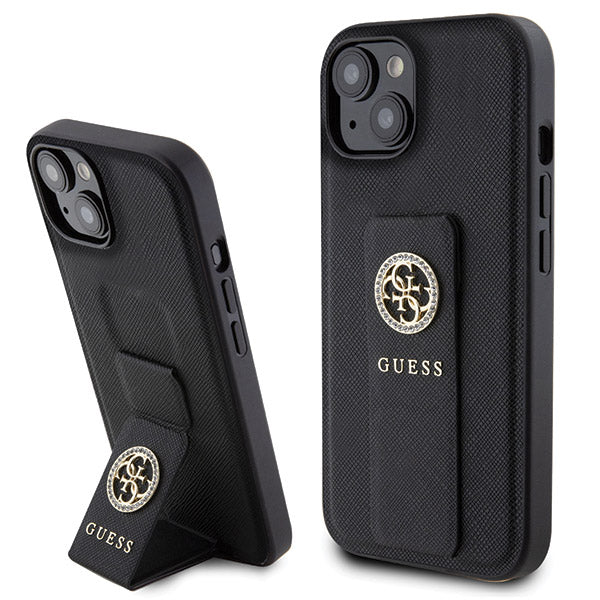 Custodia per Apple iPhone 15, Guess, Grip Stand 4G Saffiano Strass, Nera