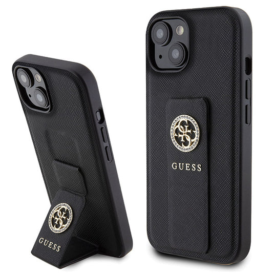 Custodia per Apple iPhone 15, Guess, Grip Stand 4G Saffiano Strass, Nera