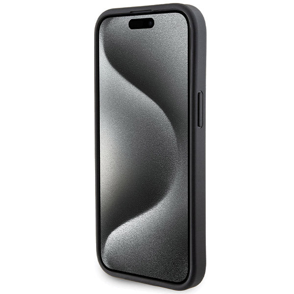 Custodia per Apple iPhone 15, Guess, Grip Stand 4G Saffiano Strass, Nera