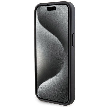 Custodia per Apple iPhone 15, Guess, Grip Stand 4G Saffiano Strass, Nera