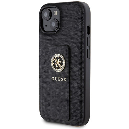 Custodia per Apple iPhone 15, Guess, Grip Stand 4G Saffiano Strass, Nera