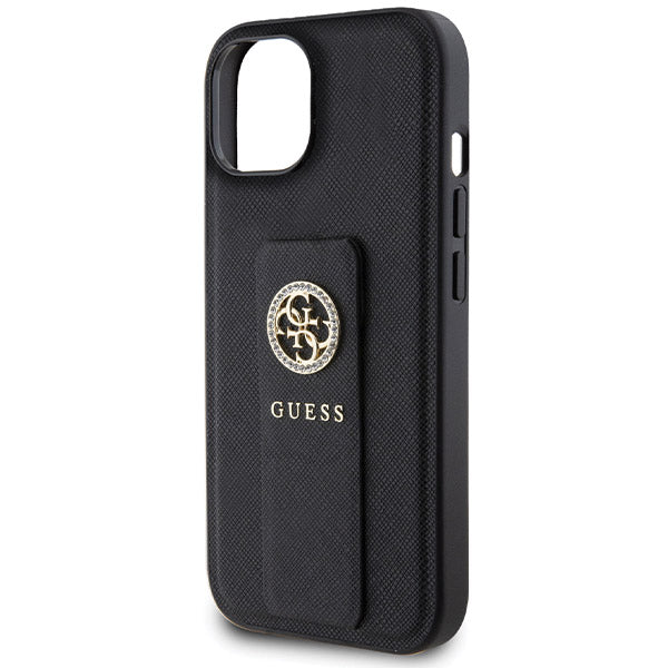 Custodia per Apple iPhone 15, Guess, Grip Stand 4G Saffiano Strass, Nera